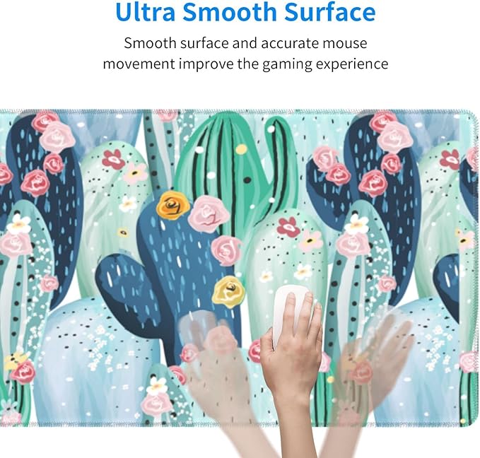 Cute Cactus Large Mouse Pad Desk Mat, Big Extended Funny Gifts XL Gaming Mousepad with Stitched Edges for Writing, Table, Long Extended Desk Pad for Women Girls Office Decor Watercolor 31.5*11.8 Inch
