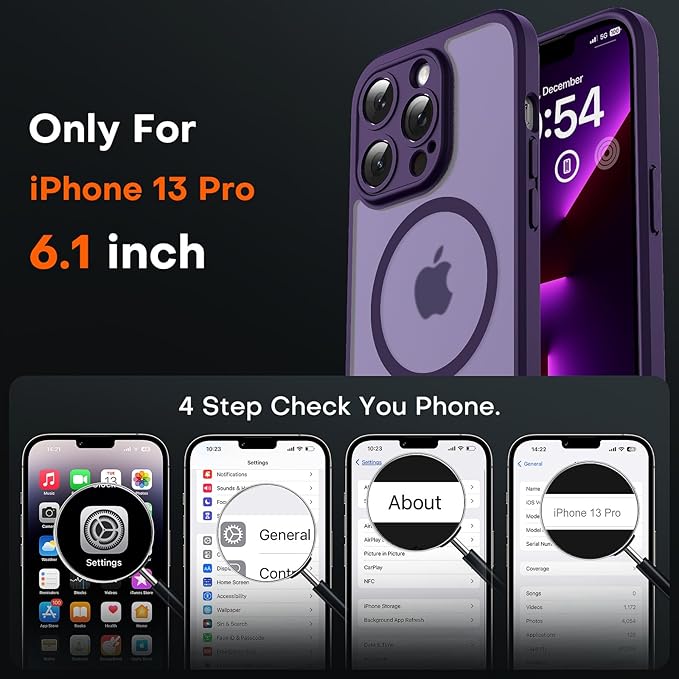 TOCOL for Phone 13 Pro Case, Compatible with Magsafe Charger, Full Camera Protection, Drop Protection, Translucent Matte Phone Case for iPhone 13 Pro 6.1 inch (Midnight Purple)