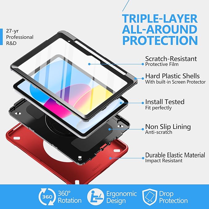 Case for iPad (A16) 11th/10th Generation Case: Protective Cover for iPad 11th Gen 11 Inch 2025 &10th Gen 10.9" 2022 with Screen Protector- Stand- Shoulder Strap- Handle- Pencil Holder-Red