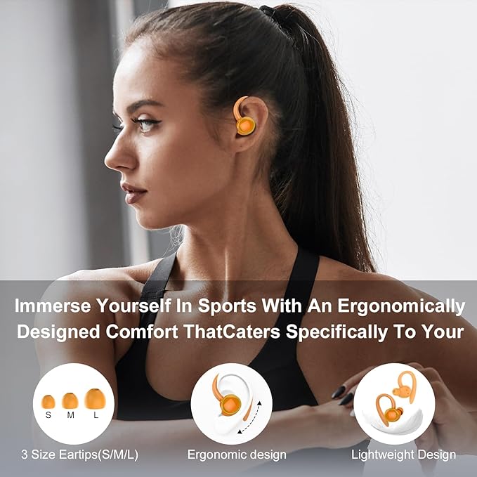 Wireless Earbuds, Bluetooth 5.4 Headphones Sport, Over Ear Buds With ENC Noise Cancelling Mic, 48H, Wireless Earphone With Earhooks, Stereo Deep Bass, IP7 Waterproof for Workout Running, Orange