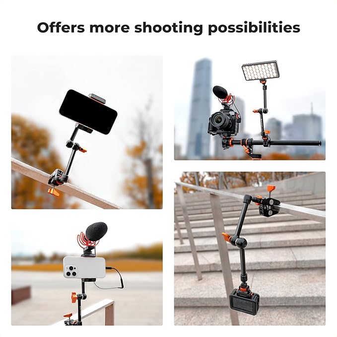 K&F CONCEPT 11" Magic Arm Clamp with ARRI 1/4" & 3/8" Thread Screw 360° Ball Heads Articulating Arm Camera Adapter for DSLR, Monitor, LED Light, Microphone, Camera Cage, Action Camera