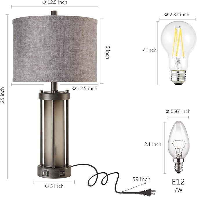 RORIA Set of 2 Rustic Table Lamps for Living Room with 2 USB Ports, Vintage Bedside Lamps with Gray Frosted Glass Night Light for Bedroom Desk Lamps for Entryway, 4 Bulbs Included
