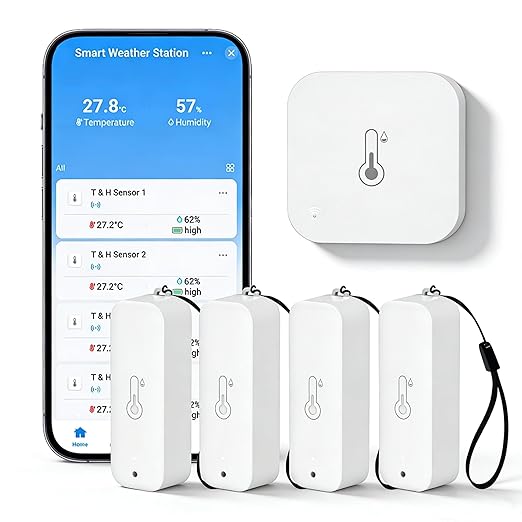 WiFi Hygrometer Thermometer Indoor Outdoor: Smart Temperature and Humidity Sensor with App Notification and Data Storage, 150m Range, Compatible with Alexa, 4 Sensors +1 Base Station