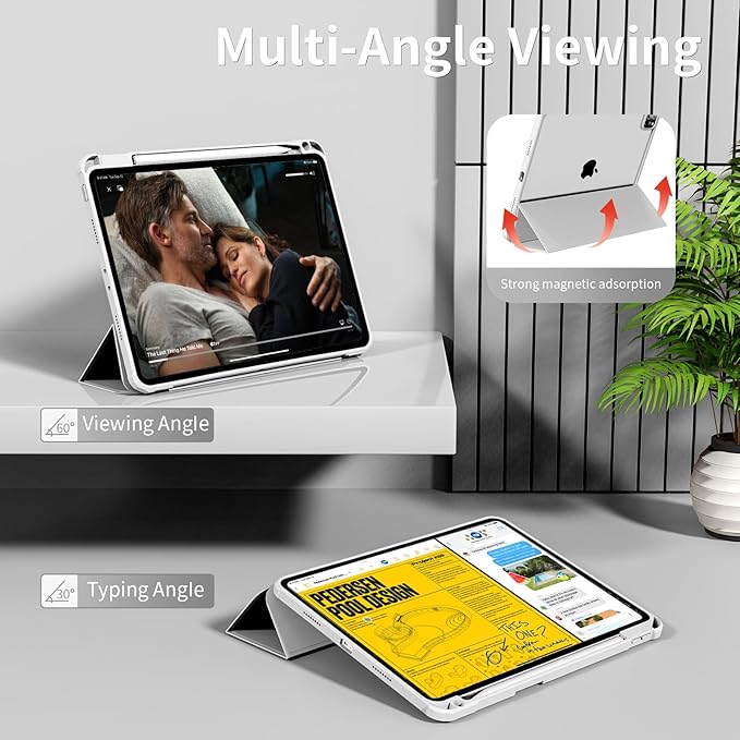 Case for iPad Pro 12.9 Inch (6th/5th/4th/3rd Generation 2022/2021/2020/2018) with Pencil Holder, Clear Transparent Back Shell Slim Stand Shockproof Tablet Cover, Auto Wake/Sleep, Gray