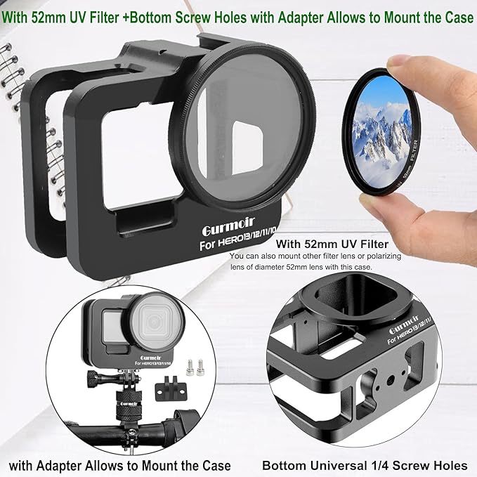Metal Protective Case for Go Pro Hero 13/12/11/10/9 Black, Upgraded Aluminum Alloy Back Door Housing Frame Video Cage, with 2 Cold Shoe Mount and 52mm Filter