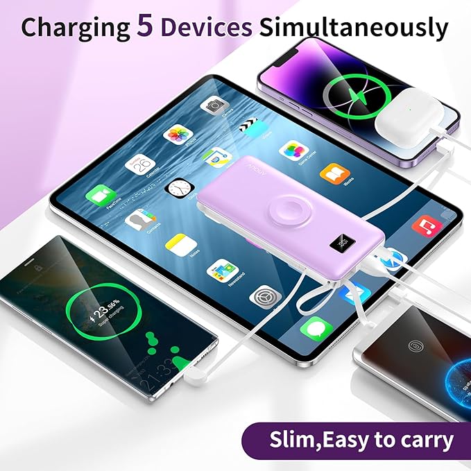 Portable Charger Built-in Cables, AC Wall Plug and Magnetic Wireless iWatch Charger, 10000mAh 22.5W PD Fast Charging Power Bank, Compact Battery Pack Travel Essentials for iPhone/Samsung/Apple Watch
