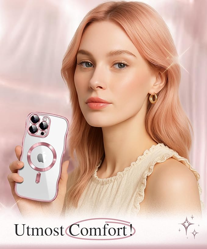 GVIEWIN for iPhone 16 Pro Case Compatible with MagSafe, Upgraded [Full Camera Protection][Cute Wave Frame][Military Grade Protection] Electroplated Soft Phone Cover for Women Girl, Clear/Pink