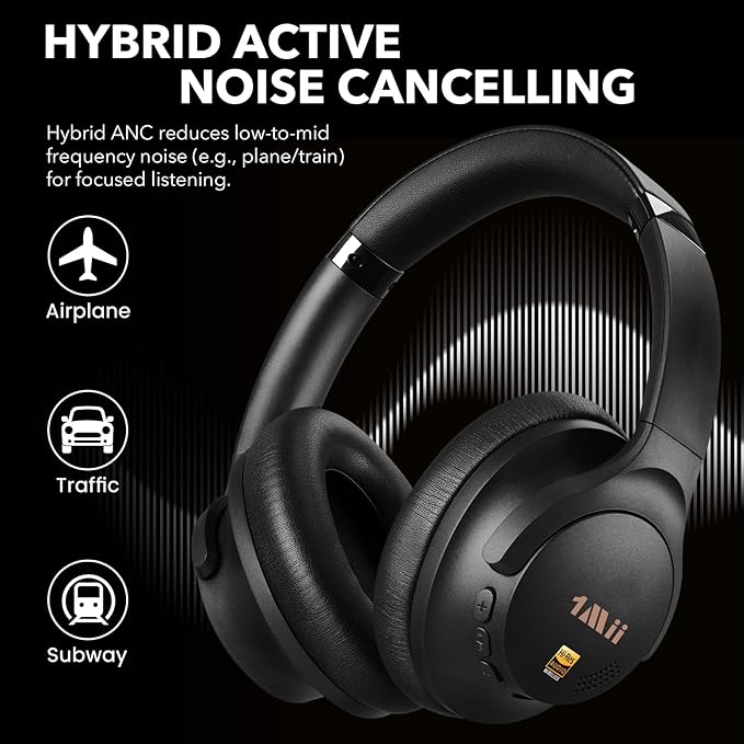 1Mii Y8+ Hybrid Active Noise Cancelling Headphones, 100H Playtime, Bluetooth 6.0 Over Ear LDAC Wireless Hi-Res Audio & Deep Bass, Comfortable for Travel Airplane Home Office, Custom EQ via APP, Black