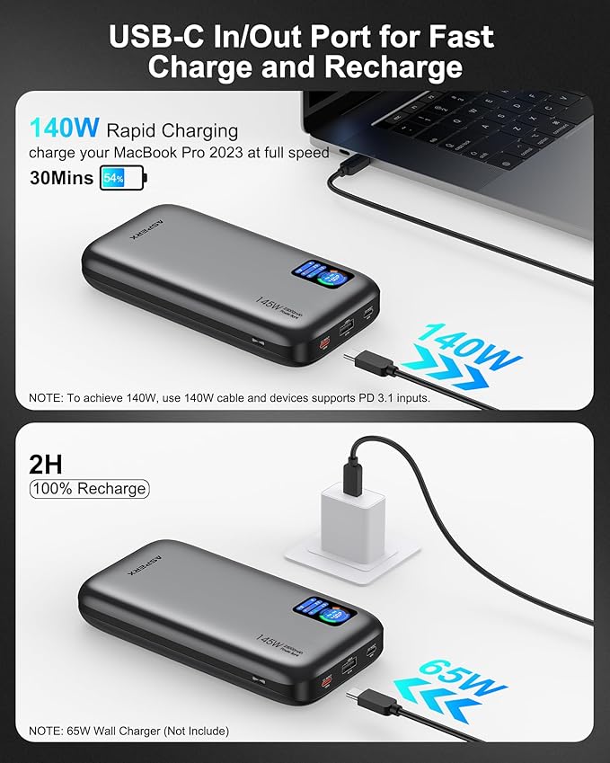 AsperX Laptop Power Bank, 25,000mAh 140W PD 3.1 Fast Charging Portable Charger, TFT Smart Display USB C Battery Pack(92.5Wh) for MacBook/iPhone 17/Dell XPS/Galaxy S25/Steam Deck/ipad (Flight-Approved)