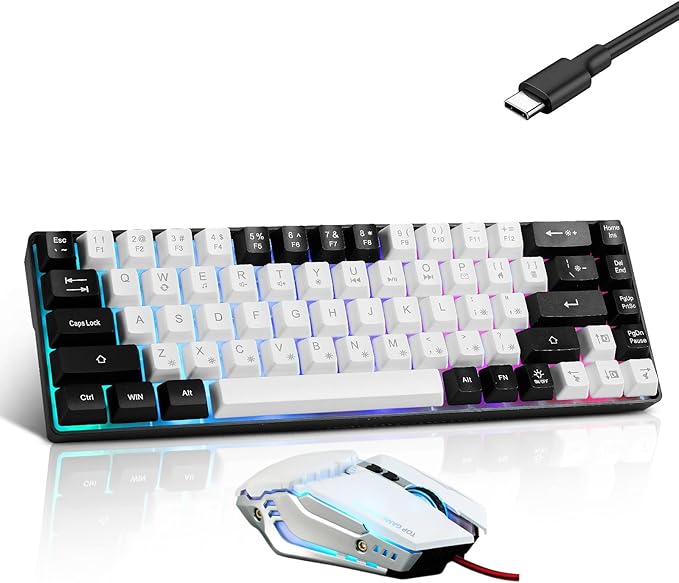 Wired 60% Gaming Keyboard and Mouse Combo, Ultra-Compact 61 Keys RGB Backlit Mini Keyboard, Lightweight 3200 DPI Optical, Wired Gaming Set for Windows,PC, MAC PS5 Xbox Gamer(White-Black)