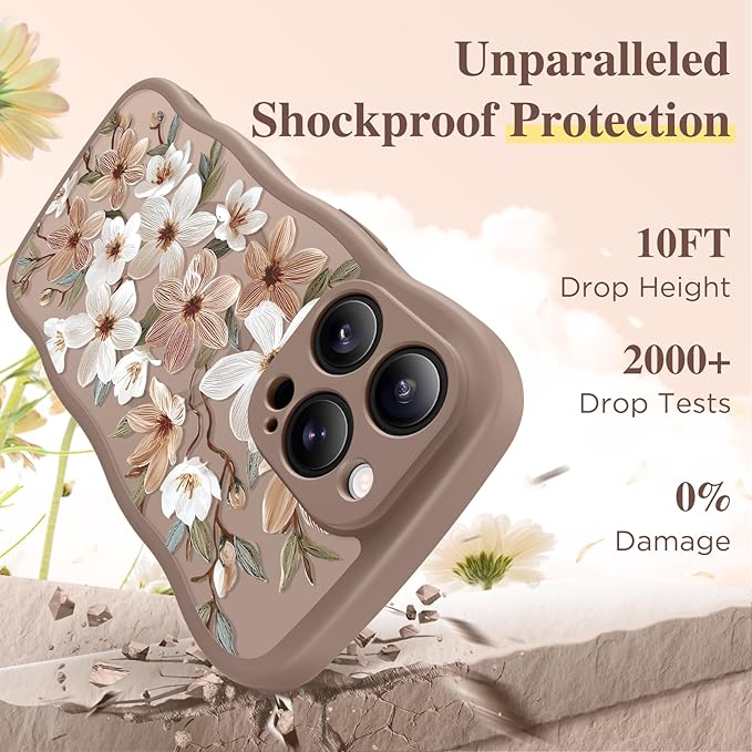 GVIEWIN for iPhone 15 Pro Case Compatible with MagSafe [Curly Wave Edge][Full Camera Protection] Floral Translucent Shockproof Magnetic Women Phone Case for iPhone 15 Pro 6.1'', Dogwood/Brown