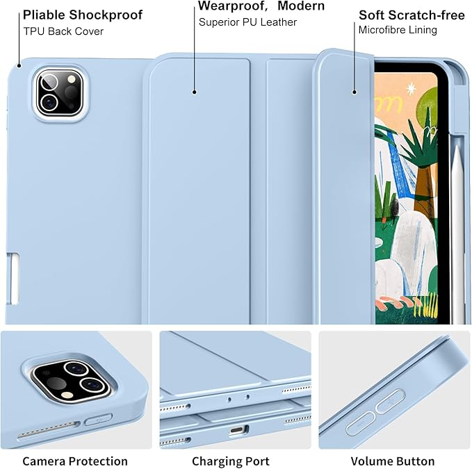 for iPad Pro 12.9 Inch Case 6th/5th/4th Generation (2022/2021/2020) with Pencil Holder, Smart Stand Cover with Soft TPU Back for iPad Air 13 inch Case, Auto Sleep/Wake, Blue