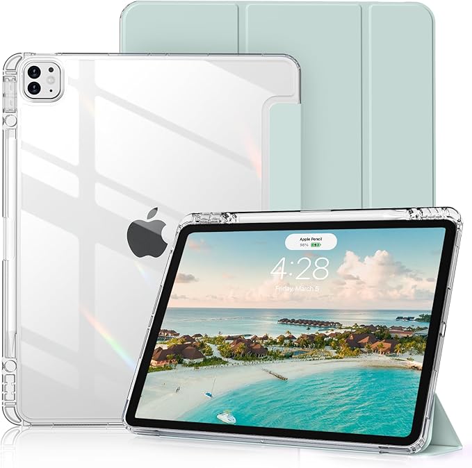 Clear Case for iPad Pro 12.9 inch 6th/5th/4th/3rd Gen with Pencil Holder [Support Pencil Charging] Auto Wake/Sleep, Lightweight Shockproof Trifold Stand Transparent Hard PC Back Cover, Tender Green