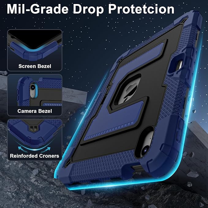Kids Friendly Case for iPad Air 11 Inch M4 M3 M2 2026/2025/2024 Case with Pencil Holder & Shoulder Strap, Military Grade Shockproof Kickstand Hard Shell Protective Cover,Blue+Black