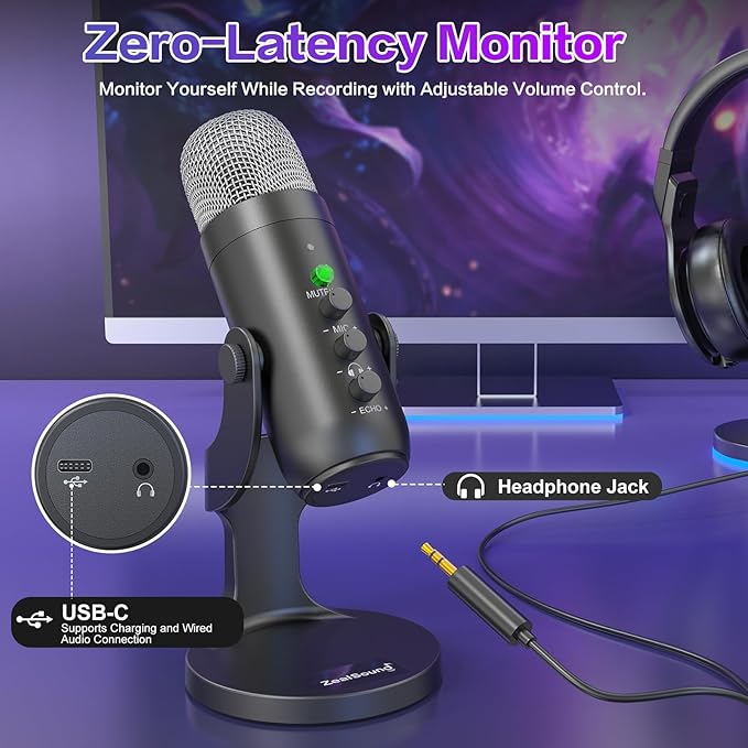 ZealSound Wireless Microphone,USB Mic for iPhone PC iPad Android Phone-Cordless Condenser Desktop Microphones with Mute Echo Monitor Volume Gain 2.4GHz for Podcast,ASMR,Gaming,YouTube Video/K66 Black