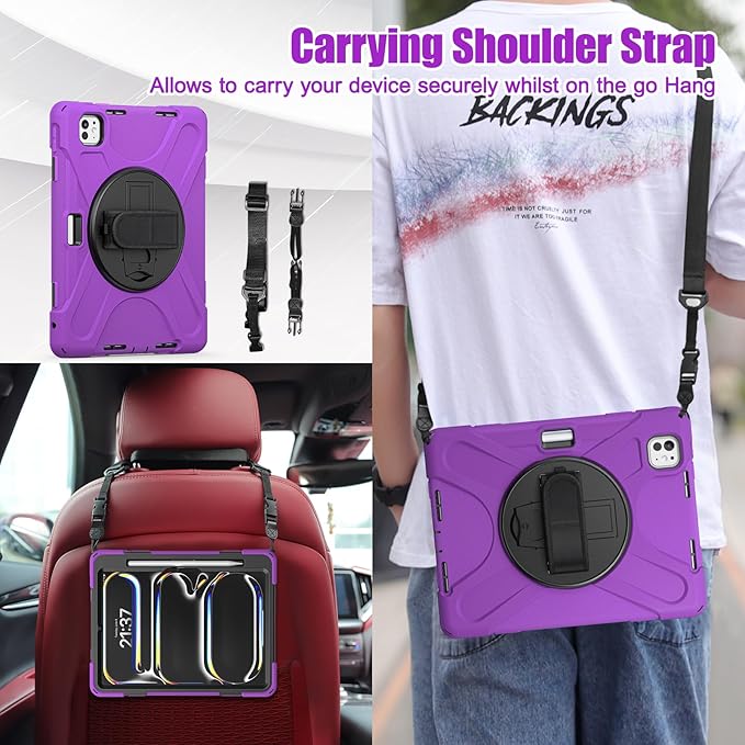 Batianda Case for iPad Pro 13-inch 2025 M5 2024 M4 Chip Heavy Duty Rugged Durability Silicone Tablet Cover with 360° Rotating Hand Strap Foldable Hidden Stand & Shoulder Strap, Purple