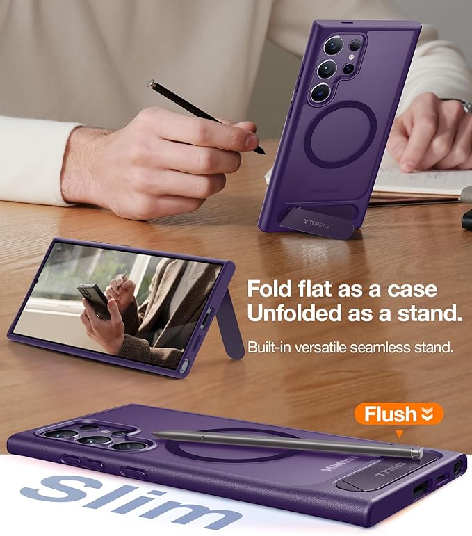TORRAS Strong Magnetic & Seamless Stand for Samsung Galaxy S24 Ultra Case, Fit for MagSafe, Mil-Grade Drop Protection, Kickstand for Samsung Galaxy S24 Ultra Case, Translucent Back/Purple Edge