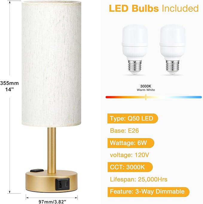 PartageiZ Gold Touch Table Lamps Set - 3 Way Dimmable Bedroom Lamps with USB C and A Ports, Small Lamps for Nightstand with AC Outlet, Gold Base Round Flaxen Shade for Desk, Office, Dorm, Nursery