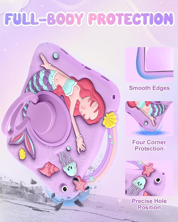 Boaretiu for Galaxy Tab A9 Plus Case - Cute Cartoon Mermaids Soft 3D Silicone for Samsung A9 Plus Tablet Case with Strap & Rotating Stand Girls Teens Tab A9+ 11 Inch Tablet Cover