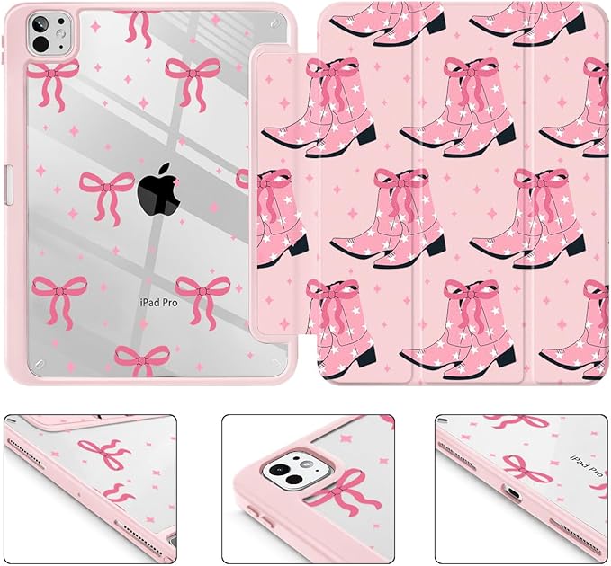 May Chen Case for iPad Pro 11-Inch M5/M4 2025/2024 (6th/5th Generation), [Penceil Holder] Trifold Stand Auto Wake/Sleep Clear TPU Protection Back Cover, Pink Boots Bows