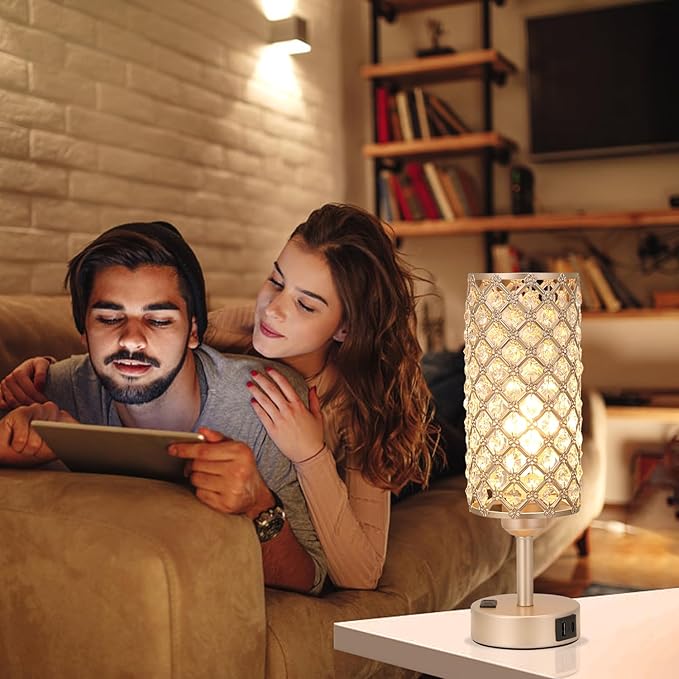 Hong-in Touch Table Lamps for Bedrooms Set of 2-3 Way Dimmable Champagne Gold Crystal Lamps with Crystal Shade, Bedside Nightstand Lamp for Living Room Bedroom Home Office