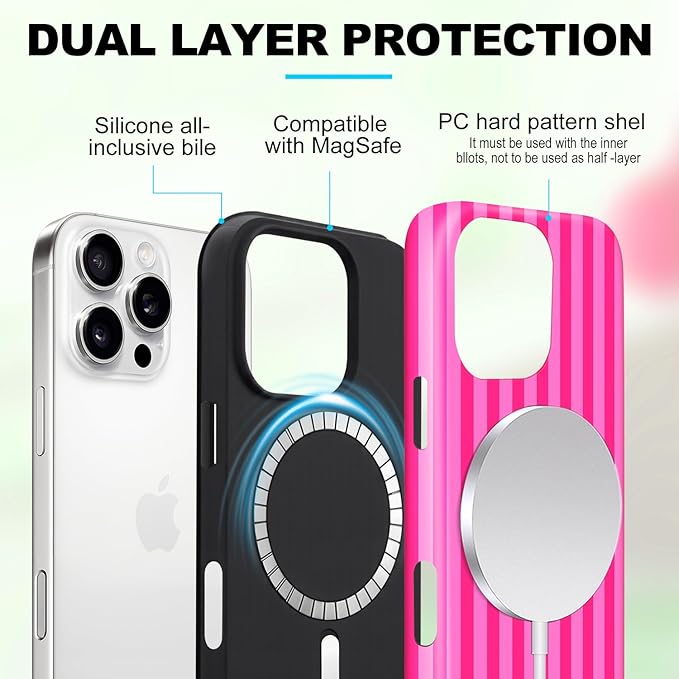 Magnetic for iPhone 15 Pro Max Case Cute Stripes Phone Case, Shockproof Slim TPU and Hard PC Protective Phone Cover Compatible with MagSafe Designed for Women Girls, Deep Pink