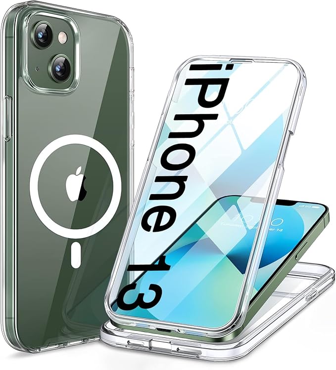 Miracase for iPhone 13 Case 6.1'',Full-Body Magnetic Clear Bumper Case with Built-in 9H Tempered Glass Screen Protector,Military Drop Protection Outdoor Phone Case,Clear