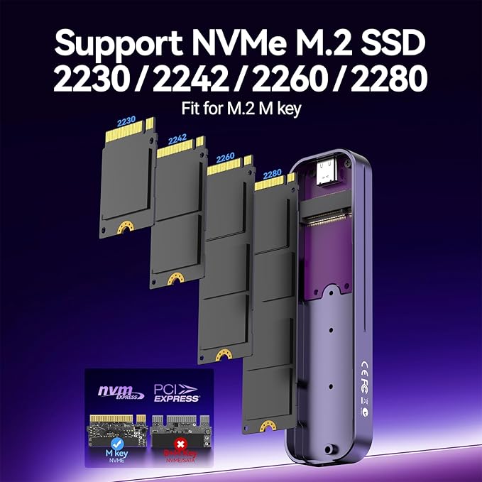 JEYI NVMe SSD Enclosure, 10Gbps M.2 to USB C Adapter/Reader, Aluminum Cooling, M Keys, Compatible with 2230/2242/2260/2280 SSDs