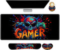 AIMSA Large Gaming Mouse Pad Set, Keyboard Wrist Rest Support + Extended Mouse Pad + Mouse Wrist Cushion + Coaster, Skull Gamer Ergonomic Memory Foam Multifunctional Desk Mat 35x15.7inch