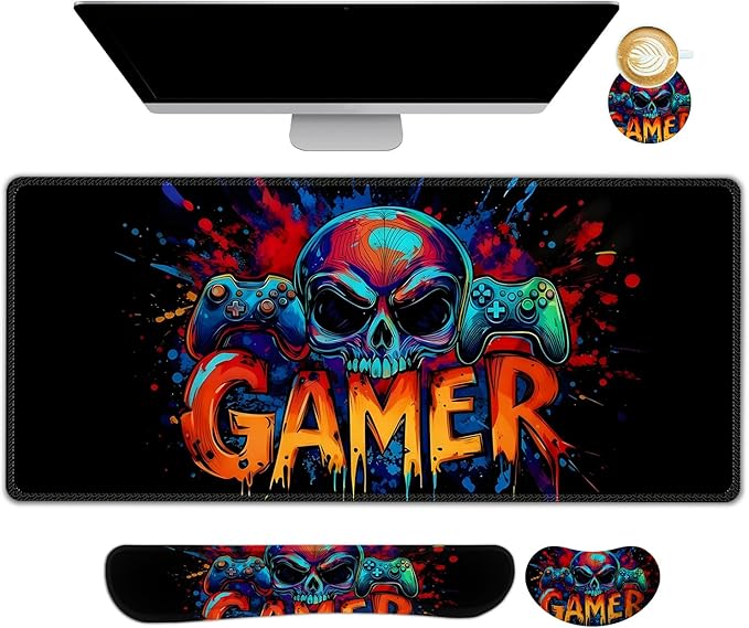 AIMSA Large Gaming Mouse Pad Set, Keyboard Wrist Rest Support + Extended Mouse Pad + Mouse Wrist Cushion + Coaster, Skull Gamer Ergonomic Memory Foam Multifunctional Desk Mat 35x15.7inch