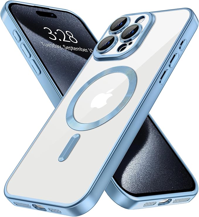 Hython Magnetic Clear for iPhone 15 Pro Max Case with Camera Lens Protector [Compatible with MagSafe] Plating Edge Slim Soft TPU Cover Protective Phone Case for iPhone 15 Pro Max, Matte Light Blue