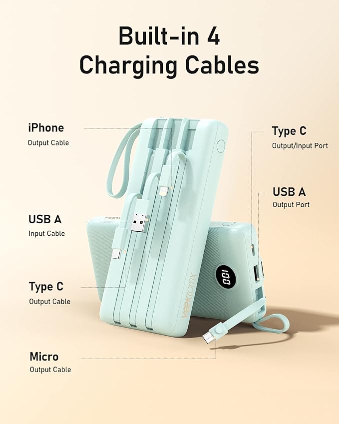 VEEKTOMX Portable Charger Built-in Cables, Power Bank for iPhone, Fast Charge USB C Battery Pack Travel Essentials Powerbank Compatible with iPhone 17/16/15/14, Samsung S25/24