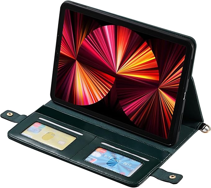 Handbag Case for 9.7-inch iPad 2018 2017 (iPad 5th/6th Generation), iPad Air/Air 2 Case, Techcircle Folio Stand PU Leather Crossbody iPad Cover with Hand Strap, Pen Holder Wallet Case, Midnight Green