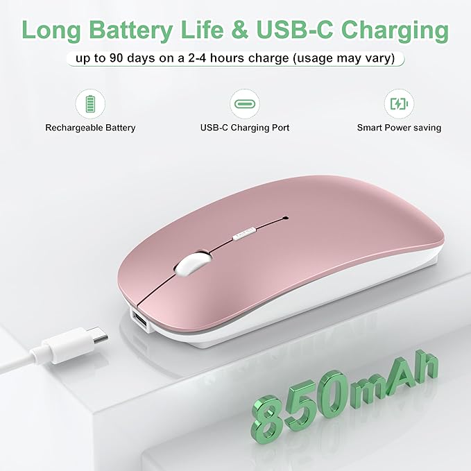 Wireless Mouse for MacBook Pro/Air, Bluetooth Rechargeable Mouse with USB-C, Slim Mouse Jiggler for iPad/iMac/Laptop/PC, 2.4G Dual Mode, Silent Click, Compatible Mac OS/Windows, Rose Gold