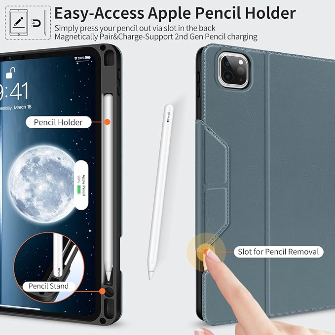 H HOLIMET Case for iPad Pro 11 Inch 2022 4th/3rd/2nd/1st Generation 2021/2020/2018 with Pencil Holder Folio Stand Auto Wake/Sleep Vegan Leather, Blue