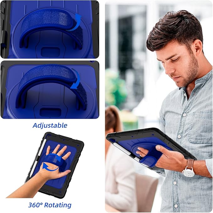 Case for iPad 6th/5th Generation 9.7''inch with Screen Protector Pencil Holder [360 Rotating Hand Strap] &Stand, Drop-Proof Case for iPad 6th/5th/ Air 2/ Pro 9.7 (Black&Blue)