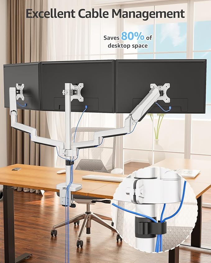 MOUNTUP Triple Monitor Stand Mount - 3 Monitors Desk Mount for Computer Screens Up to 27 inch, Triple Monitor Arm, Heavy Duty Monitors Stand, Each Arm Holds 4.4-19.8 lbs, White