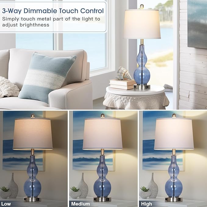 Rinweey 27.5" Coastal Blue Glass Double Gourd Table Lamp Set of 2,3-Way Dimmable Touch Control Bedside Lamps with USB Ports and AC Outlet, Nautical Nightstand Lamps for Bedroom Living Room