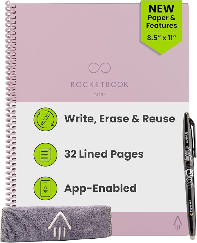 Rocketbook Core Reusable Smart Notebook, Lined Pages For School, Work and Creative Projects, Letter Size 8.5x11, Pink - Premium