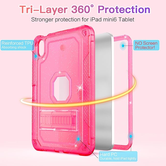 ZoneFoker Case for iPad mini A17 Pro, for iPad mini 7th/6th Generation Case 8.3 inch 2024/2021 with Pencil Holder/Stand, Slim Cover for i Pad Mini 7/6 (Translucent Glitter Hot Pink)