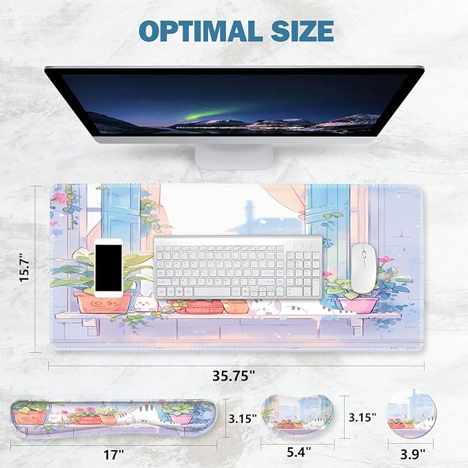 ToLuLu Extended Gaming Mouse Pad, Memory Foam Ergonomic Keyboard Mouse Wrist Rest Support Set, Large Desk Mat with Stitched Edges, Non-Slip Base Mousepad for Home Office and Game, Purple Cute Cat