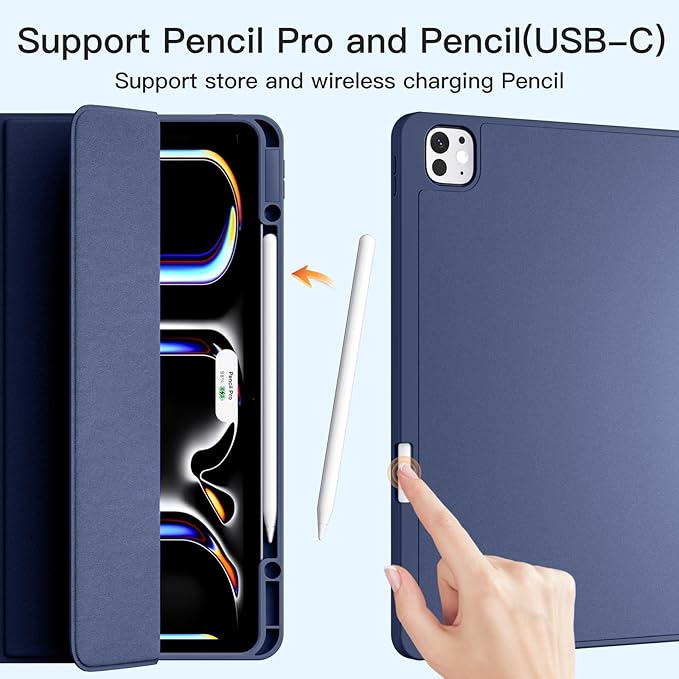 Akkerds Compatible with iPad Pro 13 Inch Case (M5/M4) 2025/2024, for iPad 13 Pro Case with Pencil Holder, Slim Trifold Stand Protective Cover with Soft TPU Back, Auto Wake/Sleep (Navy)