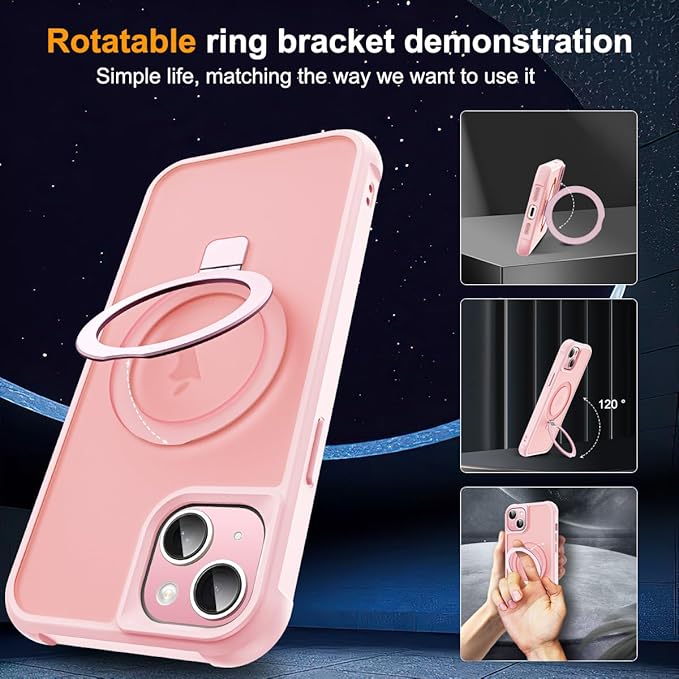 SKYLMW Compatible with iPhone 14 Plus Case with Invisible Magnetic O-Ring Stand Military-Grade Translucent Case for iPhone 14 Plus 6.7" [Compatible with Mag-Safe][Great Grip Feeling], Pink