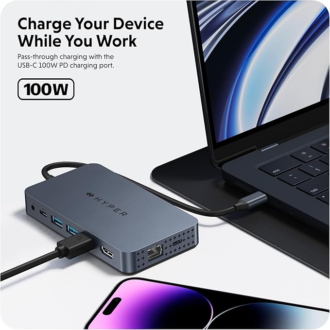HyperDrive Dual USB C to HDMI 4K 60Hz, 10-in-1 Hub for 2-Monitor Extension, 100W Power Delivery Fast Charging, High-Speed Data Transfer, Compatible w/ M1, M2, M3, M4 MacBook, Windows, Chromebook
