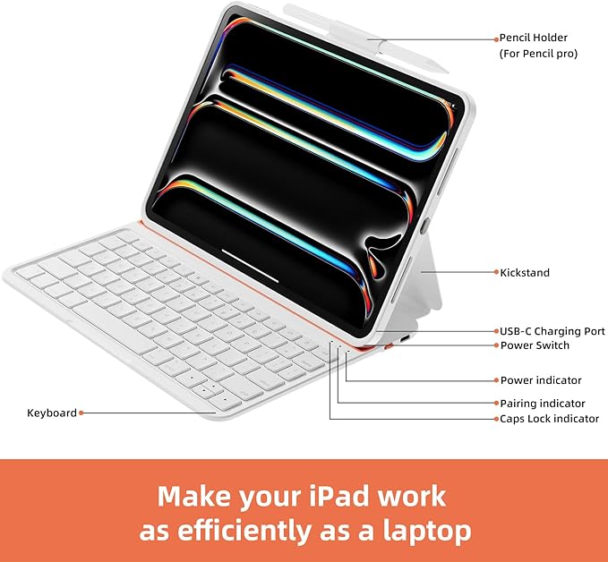 Magitype Case with Keyboard Compatible for iPad Pro 11 inch(M4/ M5): Bluetooth Wireless Magnetic Stand Rechargeable Keyboard with Pencil Holder (Light White)