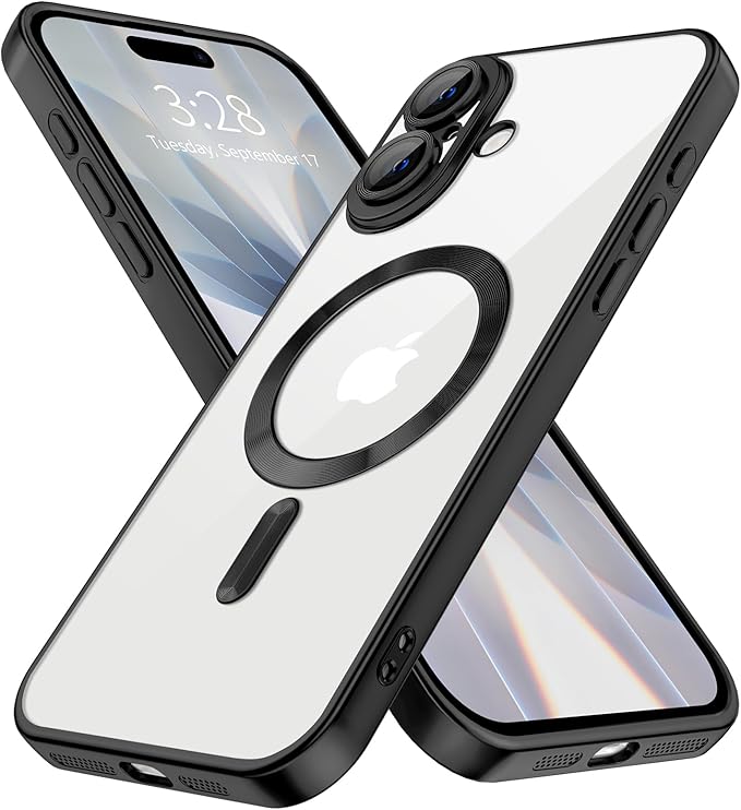 Hython Magnetic Clear for iPhone 17 Case with Camera Lens Protector [Compatible with MagSafe] Luxury Plating Edge Slim Soft TPU Cover Protective Phone Case for iPhone 17 6.3", Matte Black