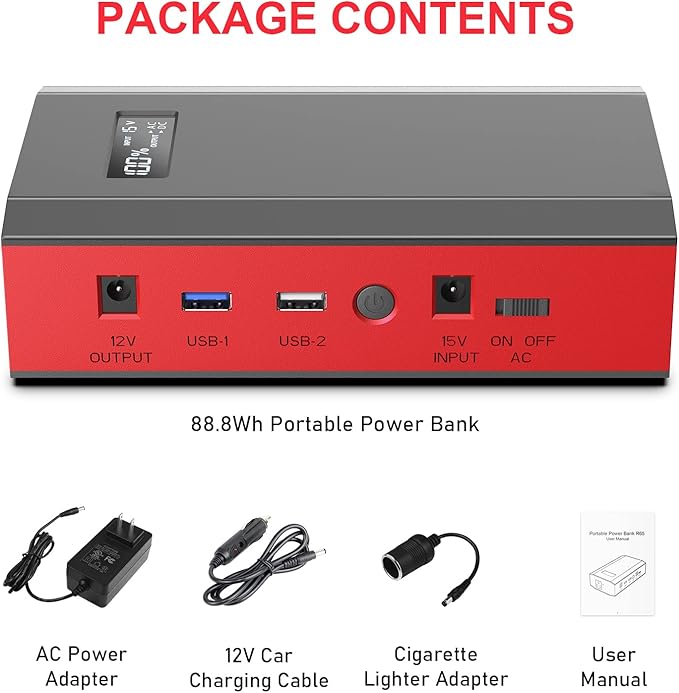 ZeroKor Portable Power Bank with AC Outlet, 65W External Battery Power Pack Portable Laptop Charger Power Source Backup for Outdoor RV Tent Camping Home Smart Device Emergency -Grey Red