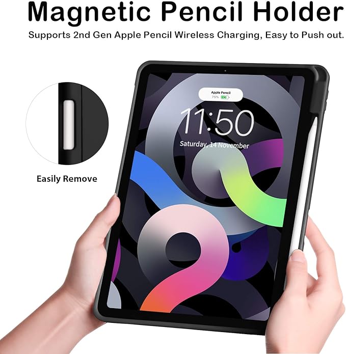 Case for iPad Pro 11 Inch 4th/3rd/2nd Generation 2022/2021/2020 with Pencil Holder [Support iPad 2nd Pencil Charging] Slim Trifold Stand Smart Protective Cover, Auto Wake/Sleep(Black)
