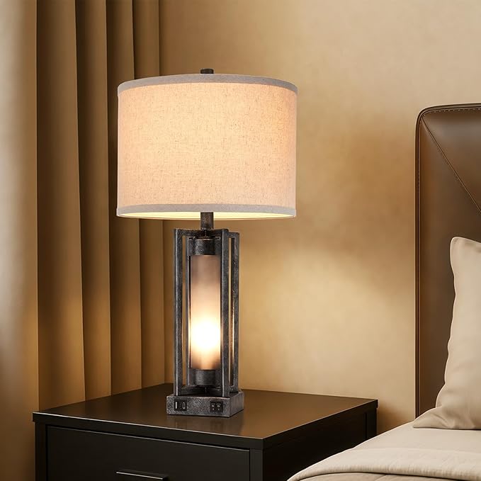 Set of 2 Industrial Table Lamps for Living Room with USB C+A, Vintage End Table Lamp for Bedroom with Gray Nightlight, Farmhouse Rustic Desk Lamp for Bedside, 4 Bulbs Included (Iron Gray)