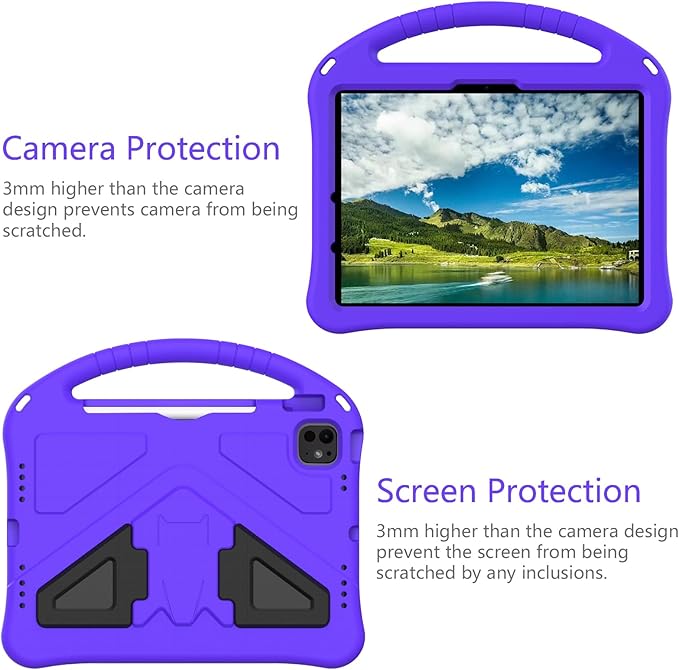 Kids Case for iPad Air 11 inch M4/M3/M2 (2026/2025/2024) & iPad Pro 11 inch M5/M4 (2025/2024) with Pencil Holder/Handle Kickstand/Lightweight Soft EVA Shockproof Boy Girl Stand Cover, Purple